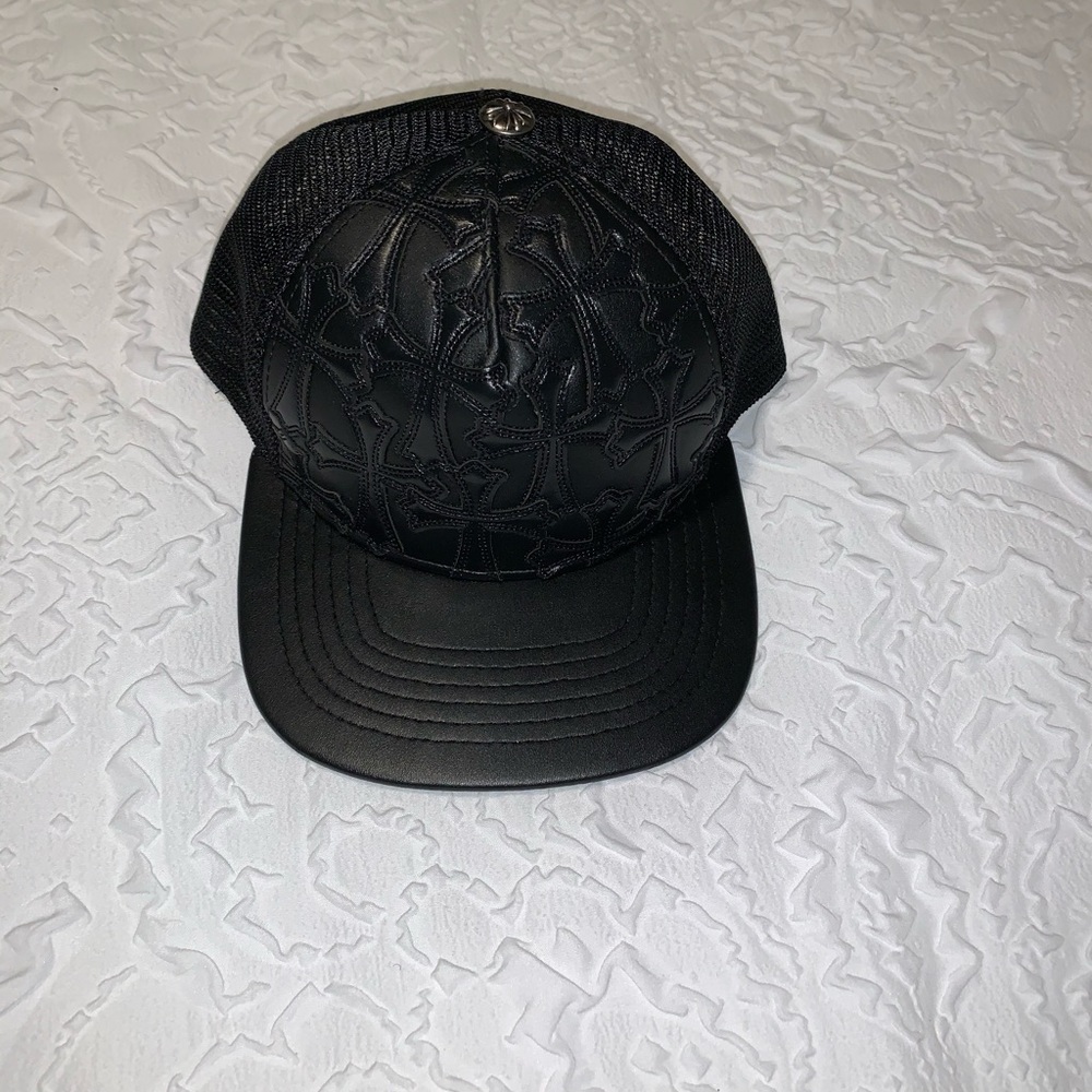 Chrome Hearts Cemetary Cross Leather Stitched Trucker Hat